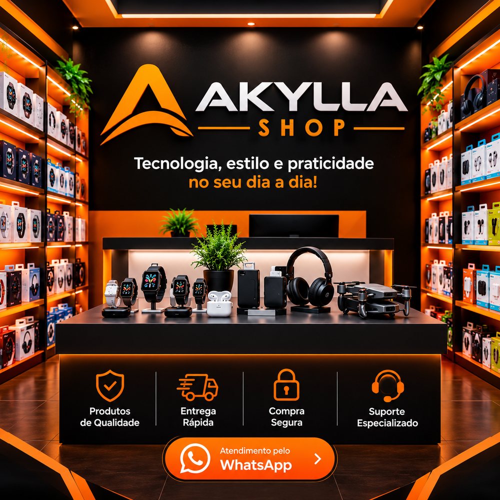 Vitrine da Akylla Shop: logo da marca, slogan “Tecnologia, estilo e praticidade no seu dia a dia”, balcão com smartwatches, fones e drone, e selos de produtos de qualidade, entrega rápida, compra segura e suporte especializado